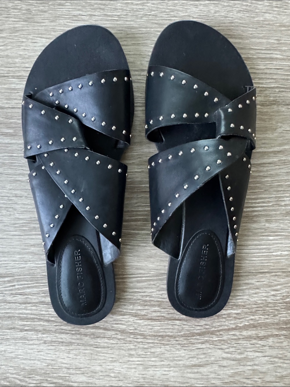 Marc Fisher Black Crisscross Studded Slide Sandals